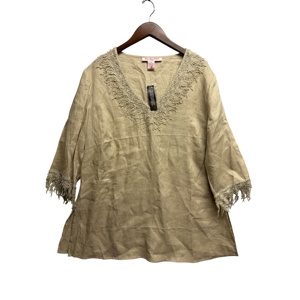 Lily Stanhope Woman 1X Linen Tunic Top Beige Crochet Lace Trim Fringe 3/4 Sleeve